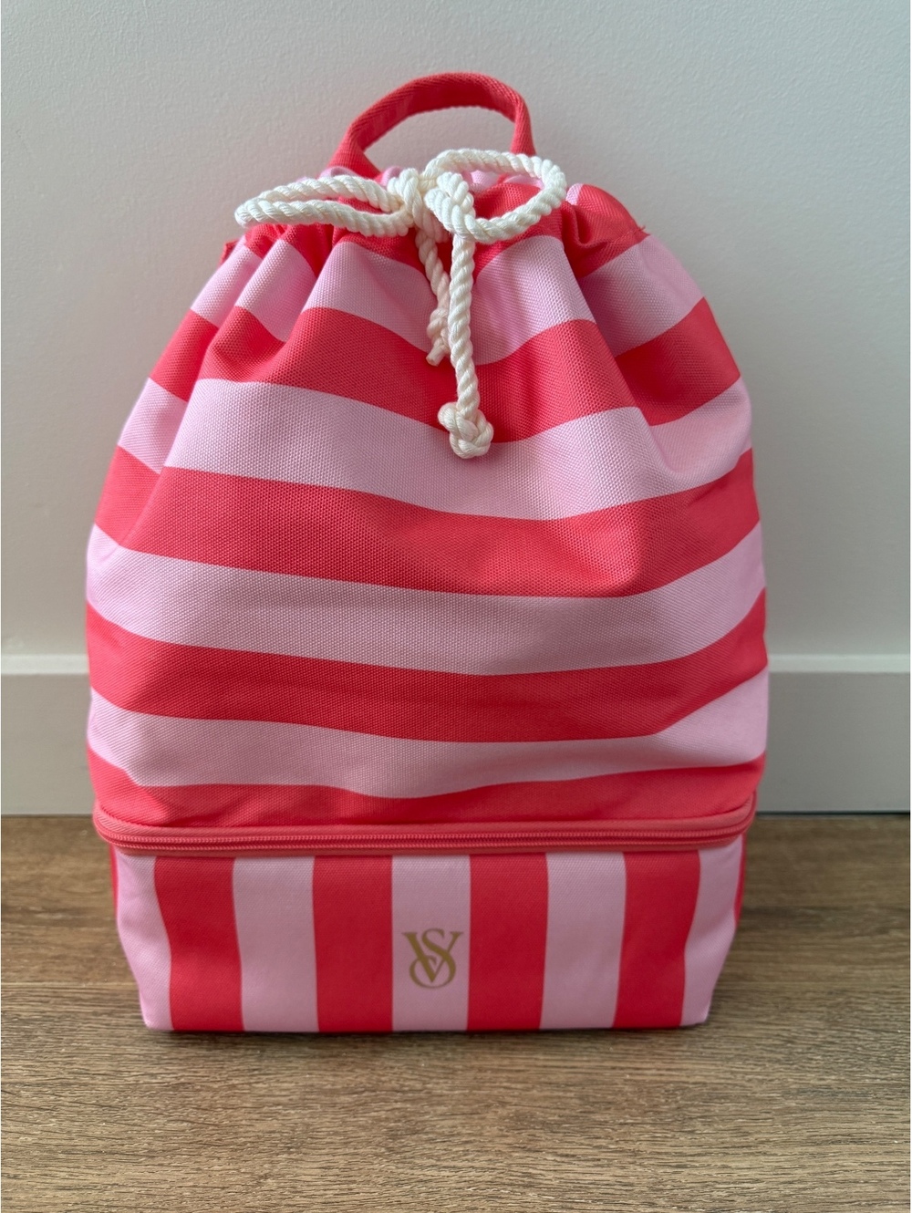 New Victoria's Secret Pink Striped Drawstring Backpack with Insulated Cooler